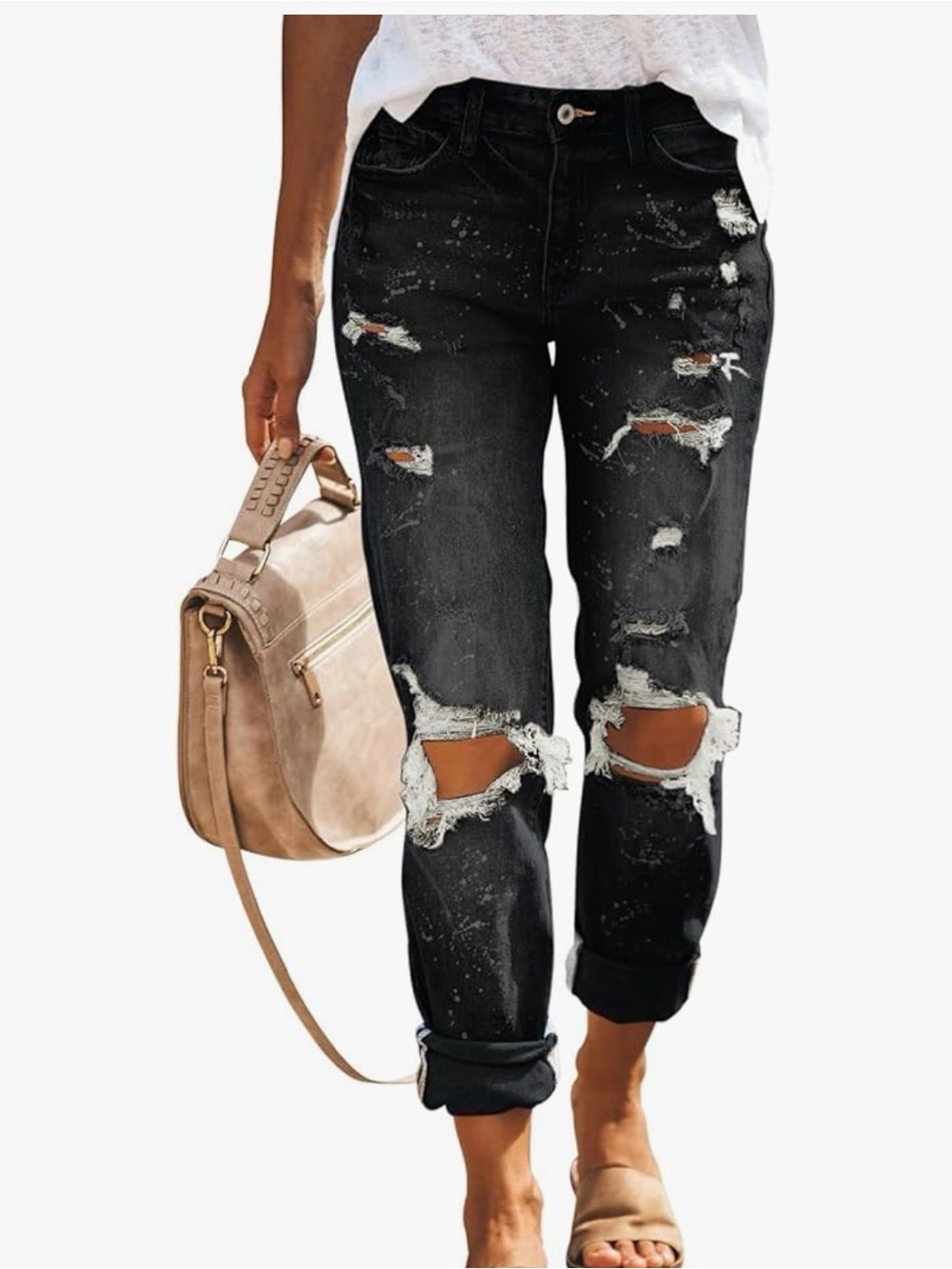 Women’s Straight Leg Black Distressed Jeans with Paint-Splatter